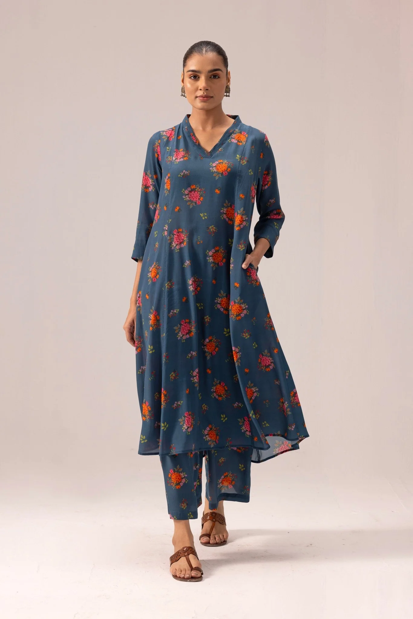 Thea Kurta Pant Set - Blue with Floral Print