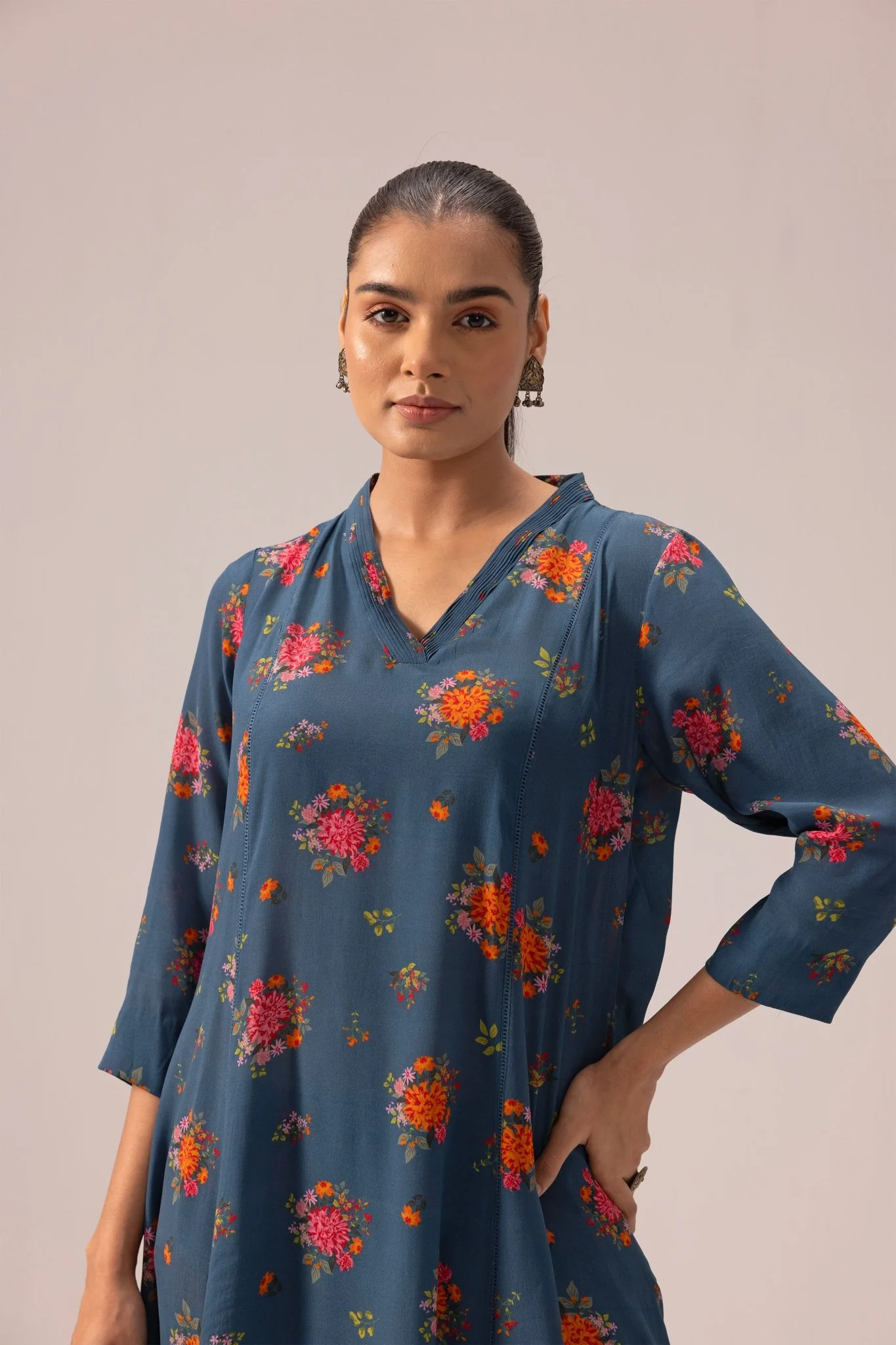 Thea Kurta Pant Set - Blue with Floral Print - Image 2