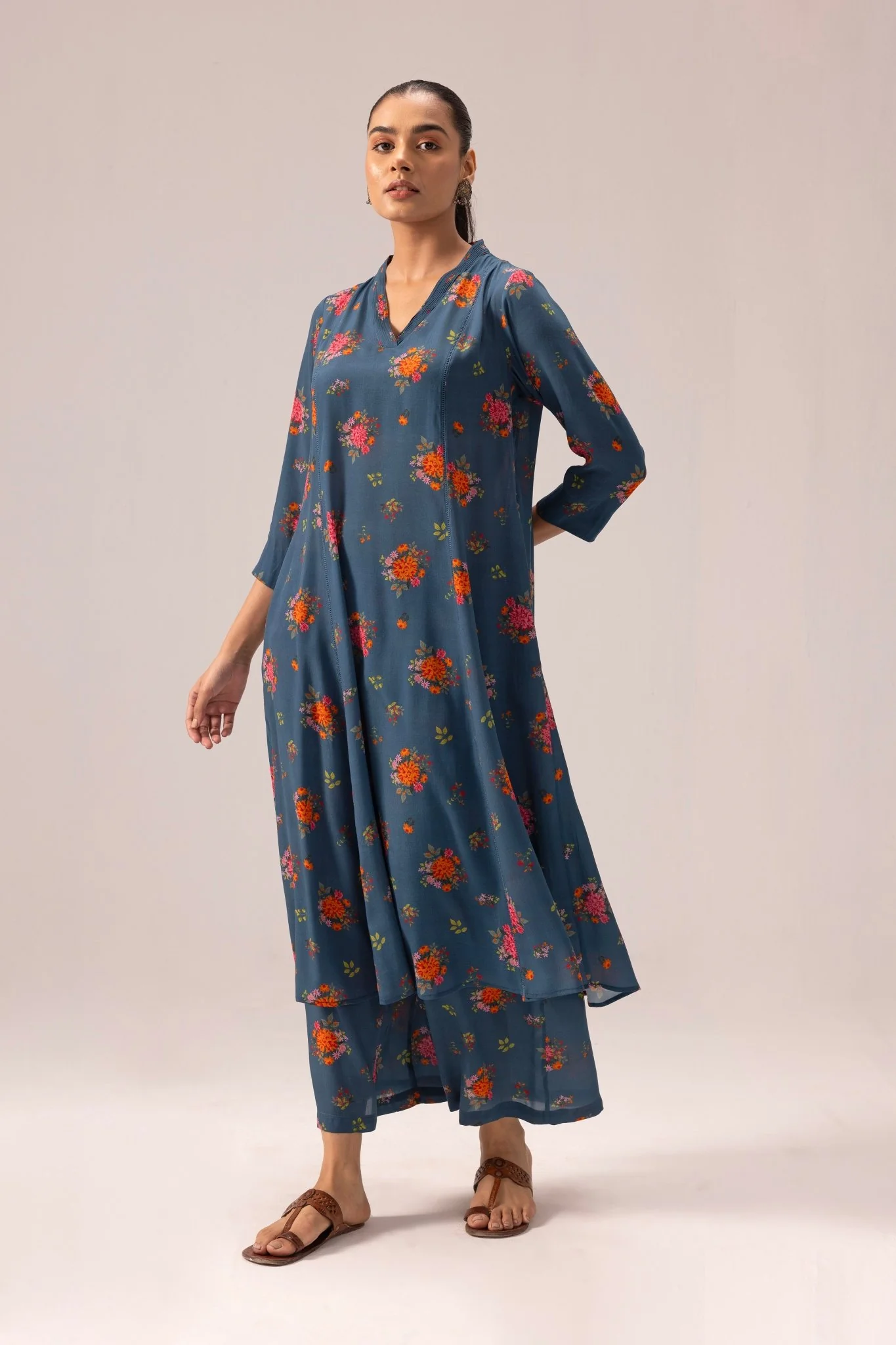 Thea Kurta Pant Set - Blue with Floral Print - Image 3