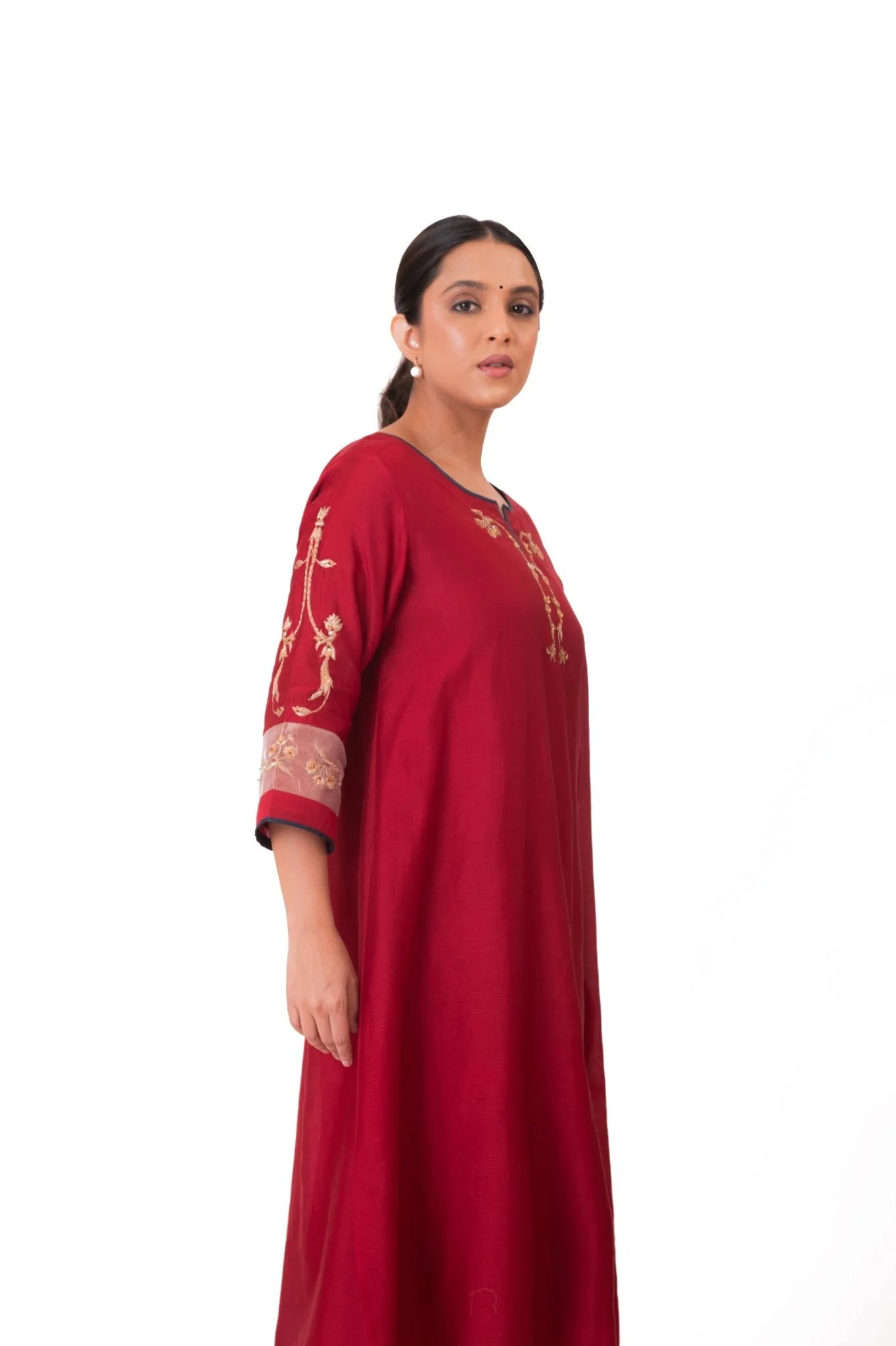 Tissue Patch Work Dupatta Kurta Set - Crimson Red - Image 5