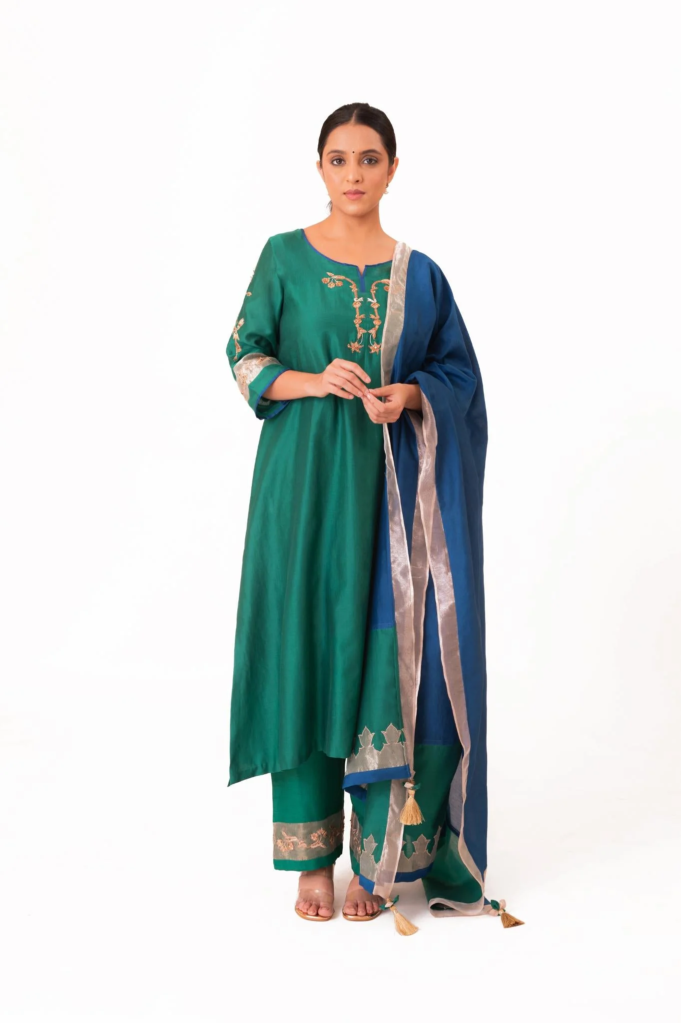 Tissue Patch Work Dupatta Kurta Set - Emerald Green