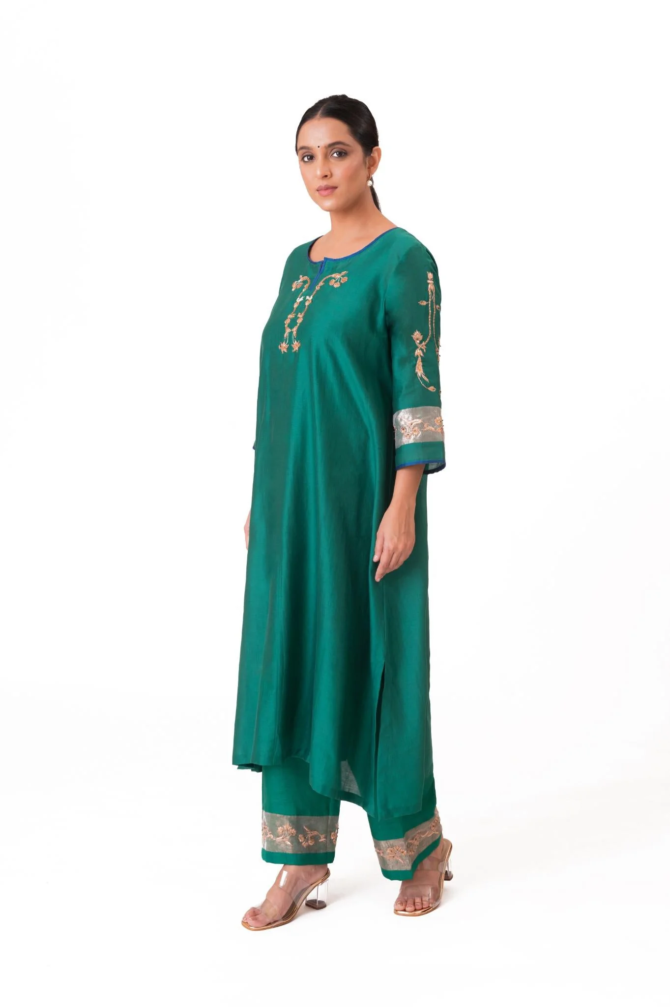 Tissue Patch Work Dupatta Kurta Set - Emerald Green - Image 6