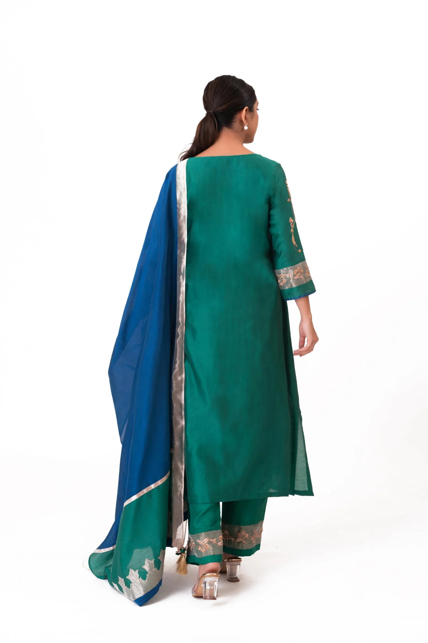 Tissue Patch Work Dupatta Kurta Set - Emerald Green - Image 8