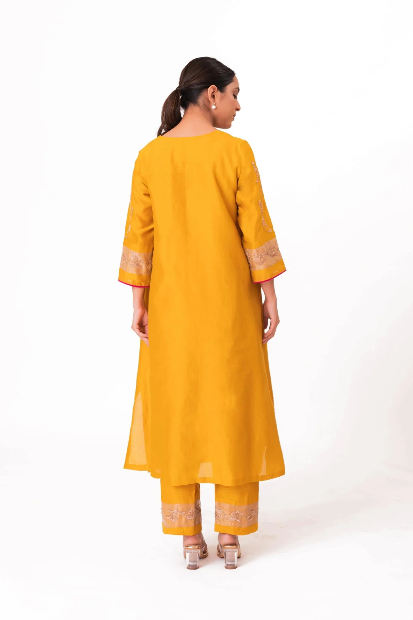 Tissue Patch Work Dupatta Kurta Set - Golden Yellow - Image 11