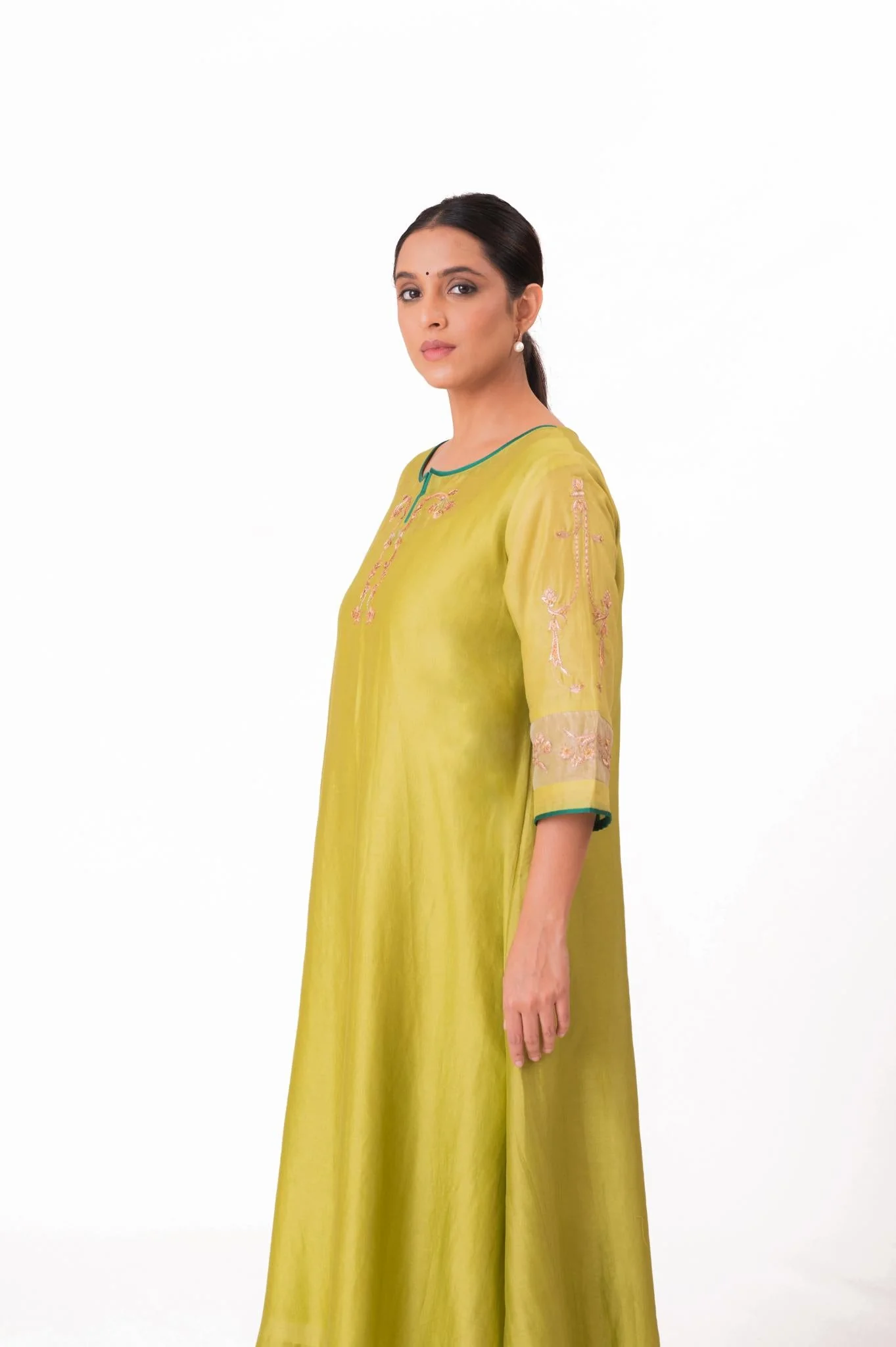 Tissue Patch Work Dupatta Kurta Set - Lime Green - Image 6