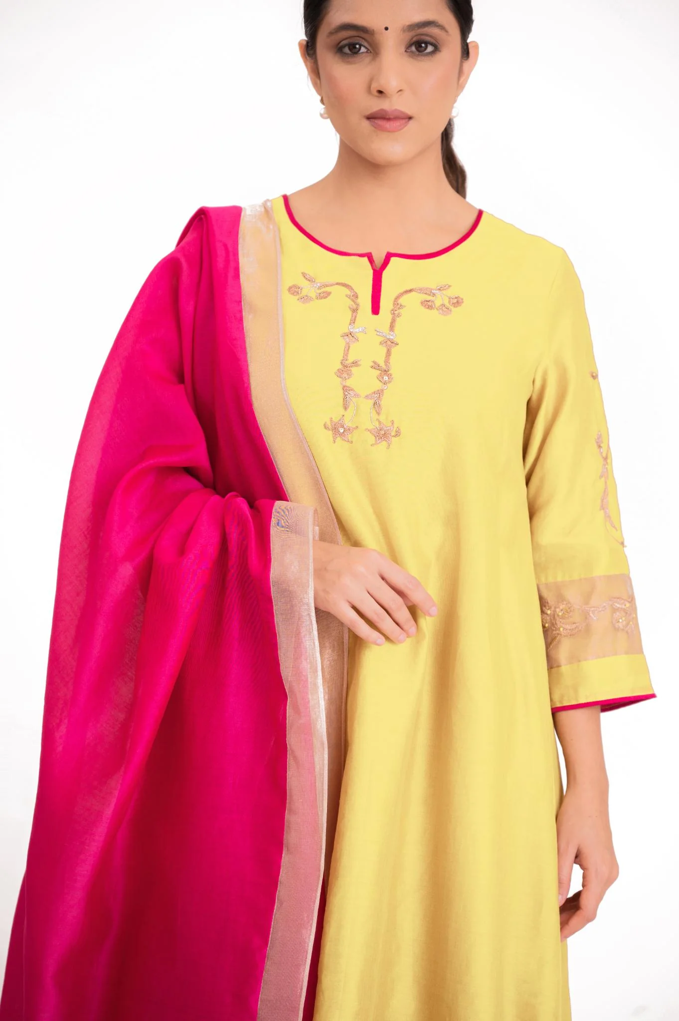 Tissue Patch Work Dupatta Kurta Set - Pastel Yellow - Image 4