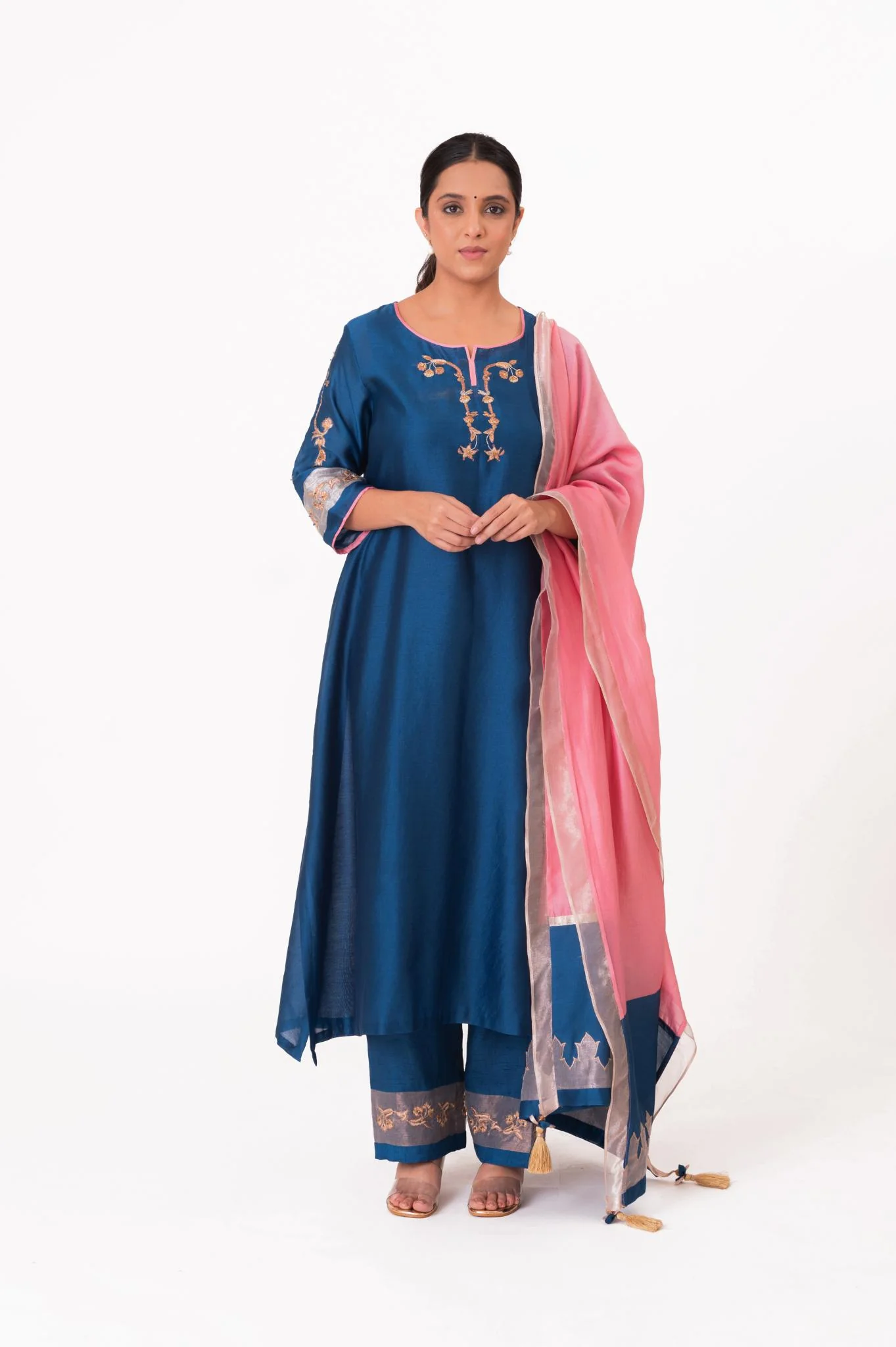 Tissue Patch Work Dupatta Kurta Set - Royal Blue - Image 5