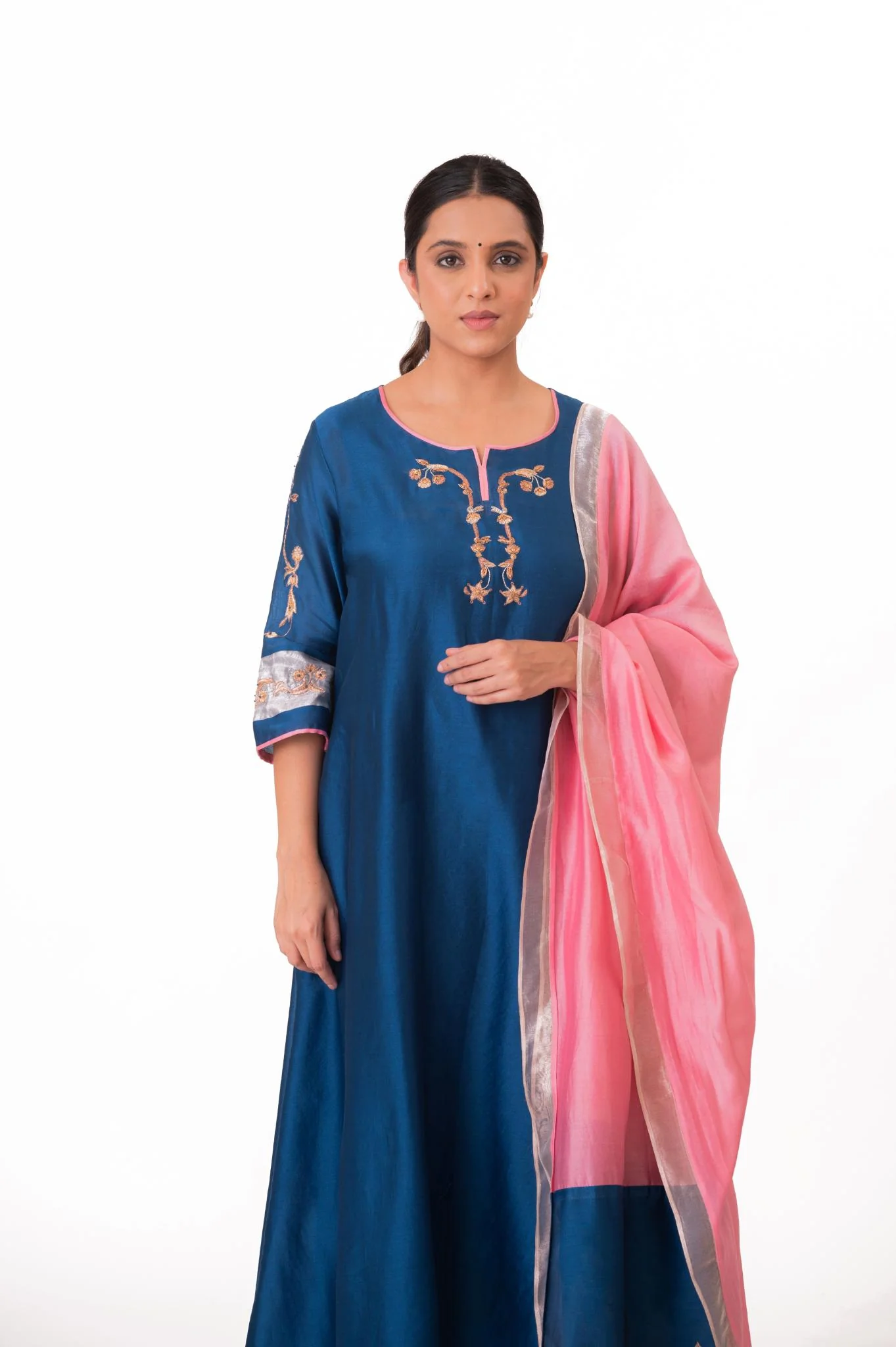 Tissue Patch Work Dupatta Kurta Set - Royal Blue - Image 8