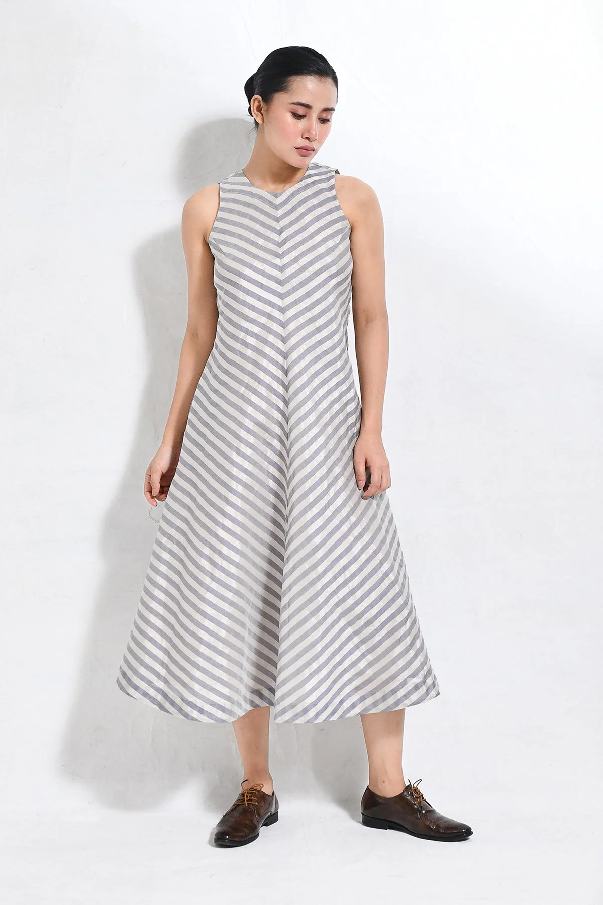 Tissue Striped Sleeveless A-line Dress with Back Patch