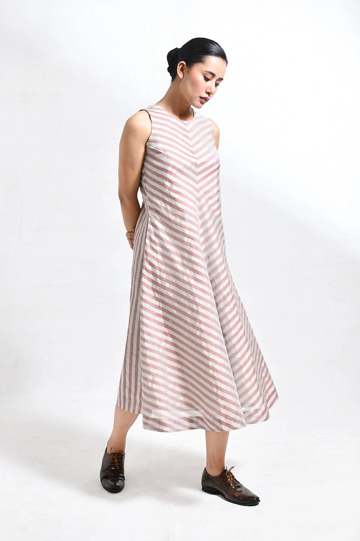 Tissue Striped Sleeveless A-line Dress with Back Patch - Red - Image 2