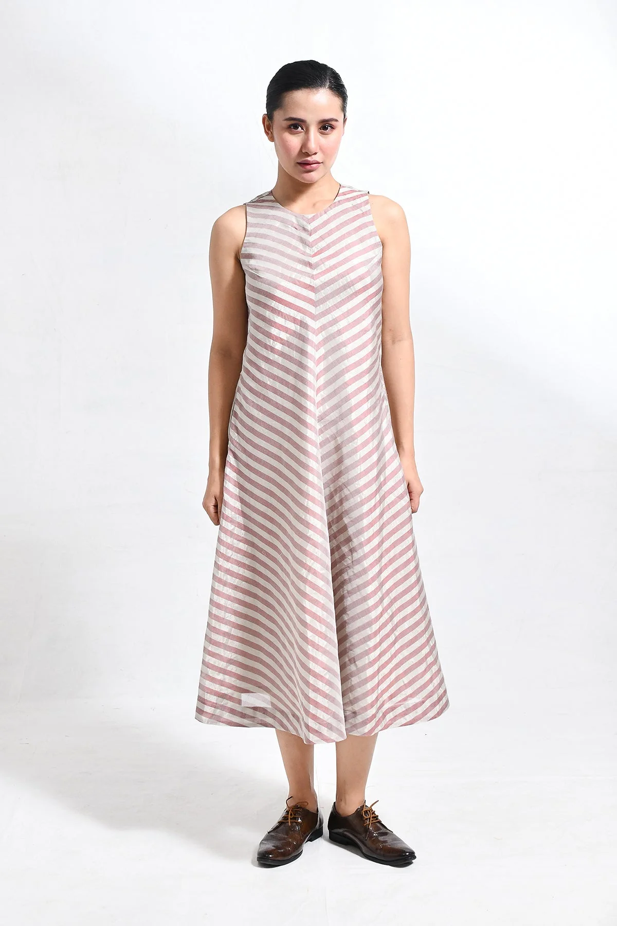 Tissue Striped Sleeveless A-line Dress with Back Patch - Red - Image 3