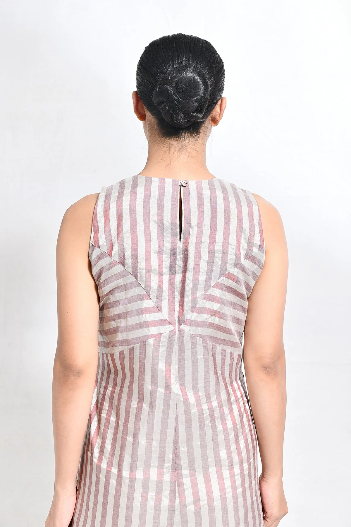 Tissue Striped Sleeveless A-line Dress with Back Patch - Red - Image 4