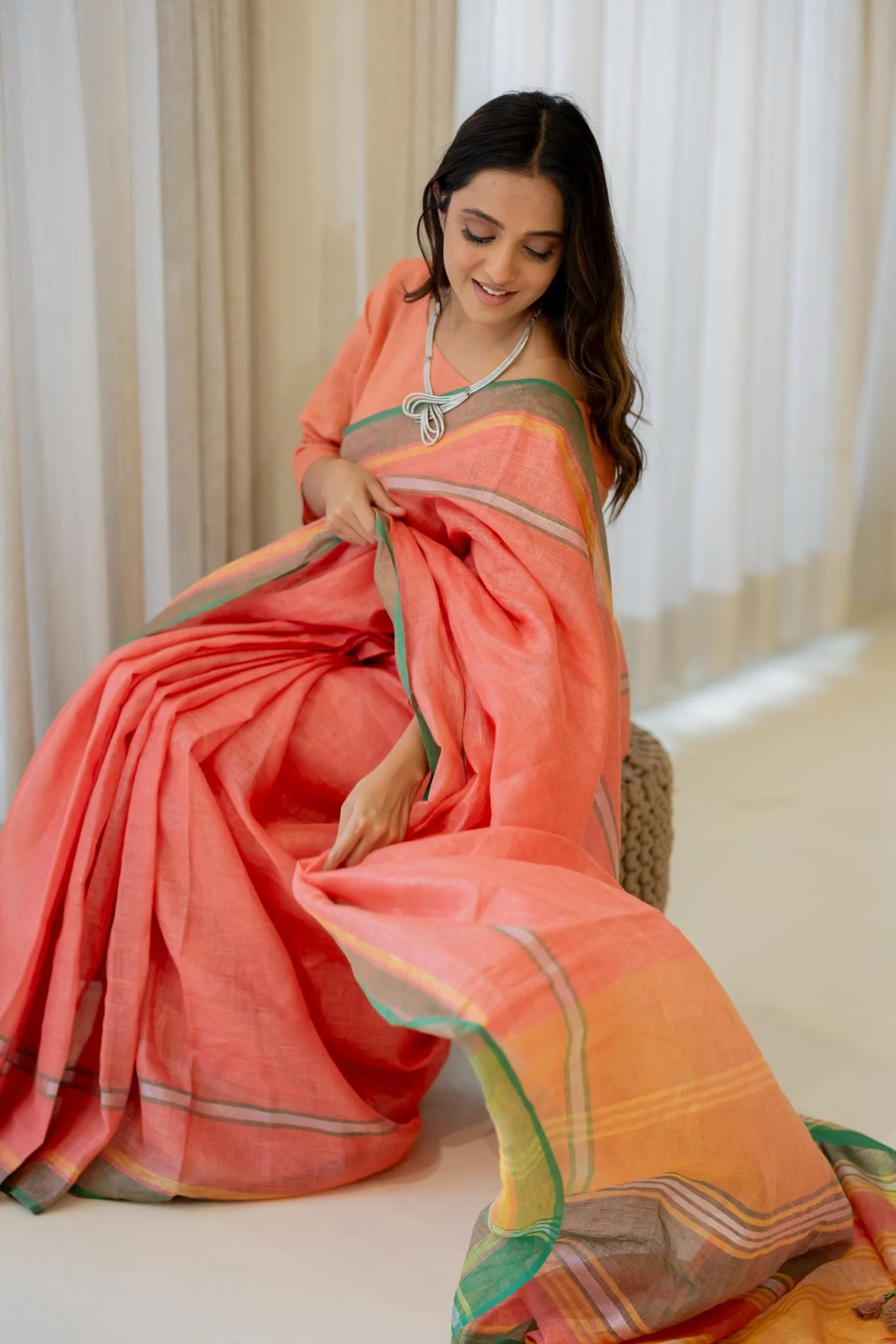 Tropical Apricot Linen Saree - Image 6