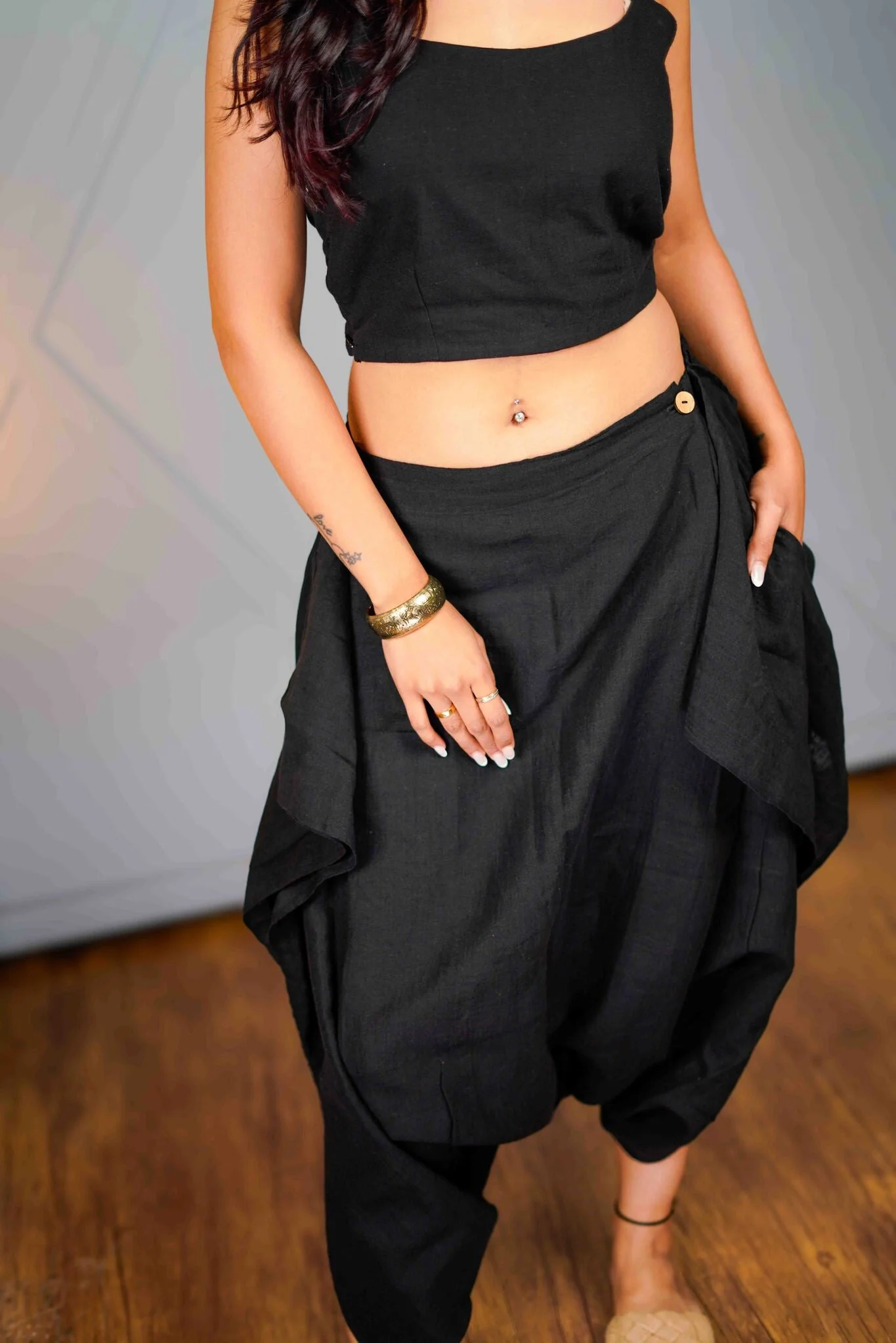 Tula – Black Asymmetric Draped Pant - Image 3