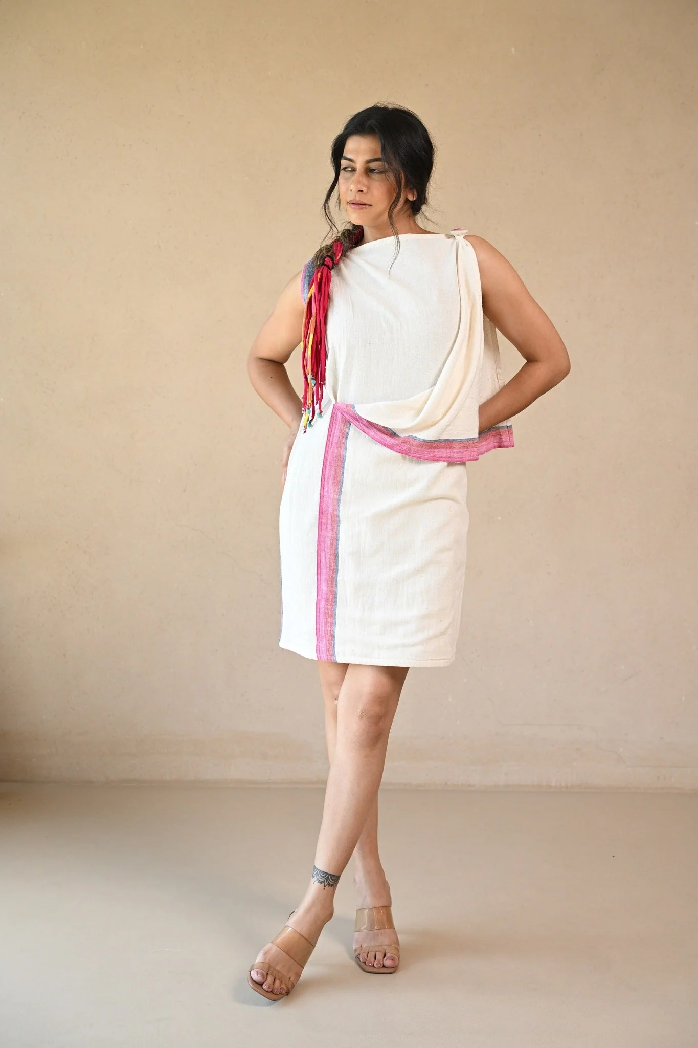 Uncut Dress with Shoulder Button- Natural White