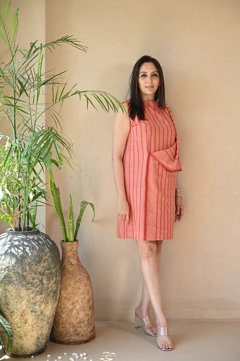 Uncut Dress with Shoulder Button- Peach Stripe - Image 6