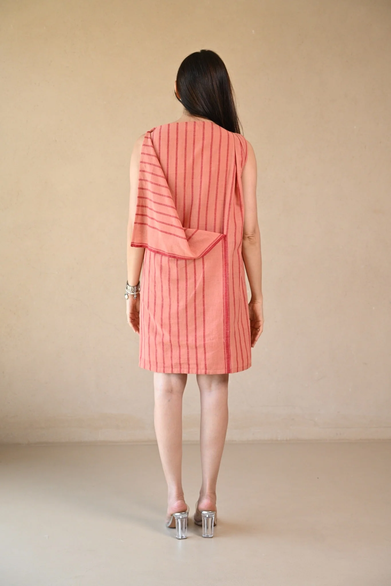 Uncut Dress with Shoulder Button- Peach Stripe - Image 7