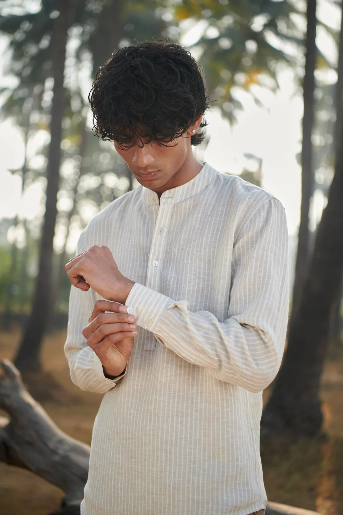 Undyed Pinstripe Linen Men's Shirt Kurta - Image 3