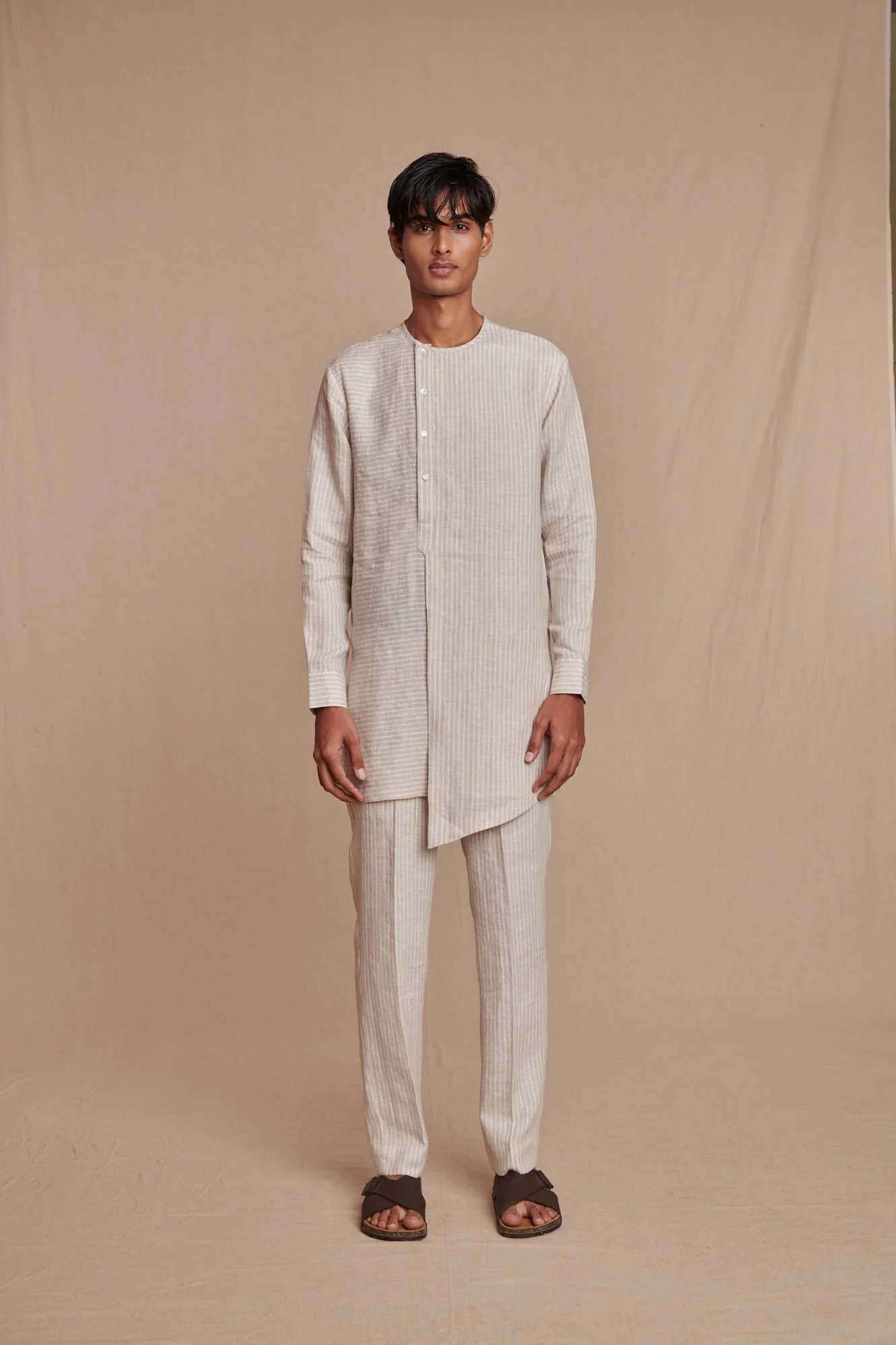 Undyed Pinstripe Linen Side Open Kurta Set