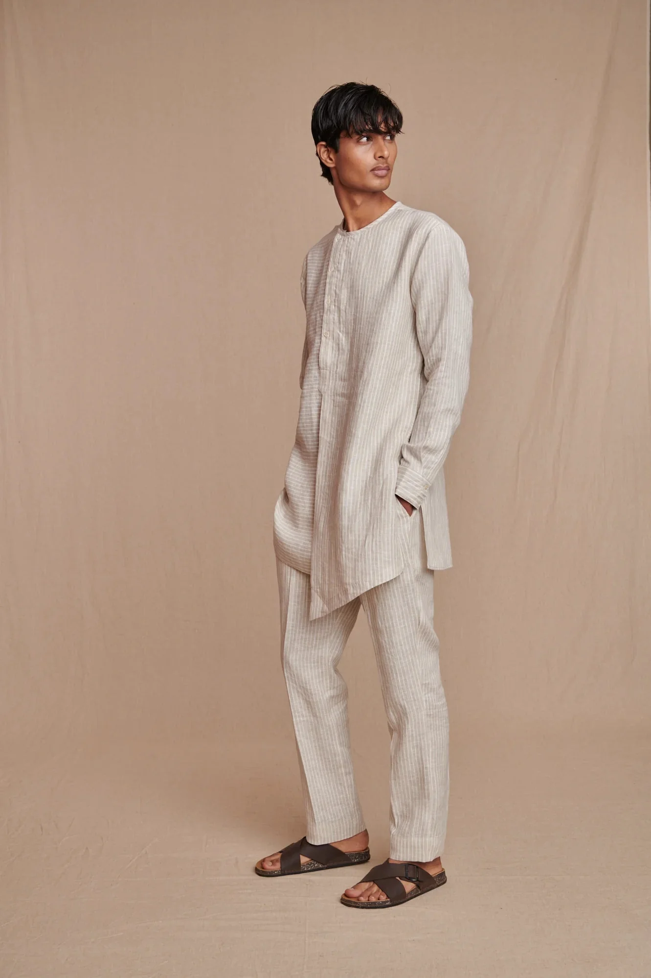 Undyed Pinstripe Linen Side Open Kurta Set - Image 2