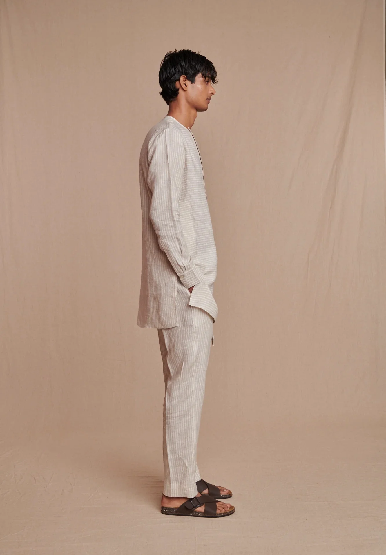Undyed Pinstripe Linen Side Open Kurta Set - Image 5