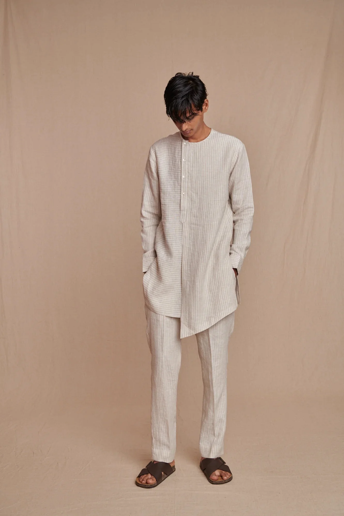 Undyed Pinstripe Linen Side Open Kurta Set - Image 6