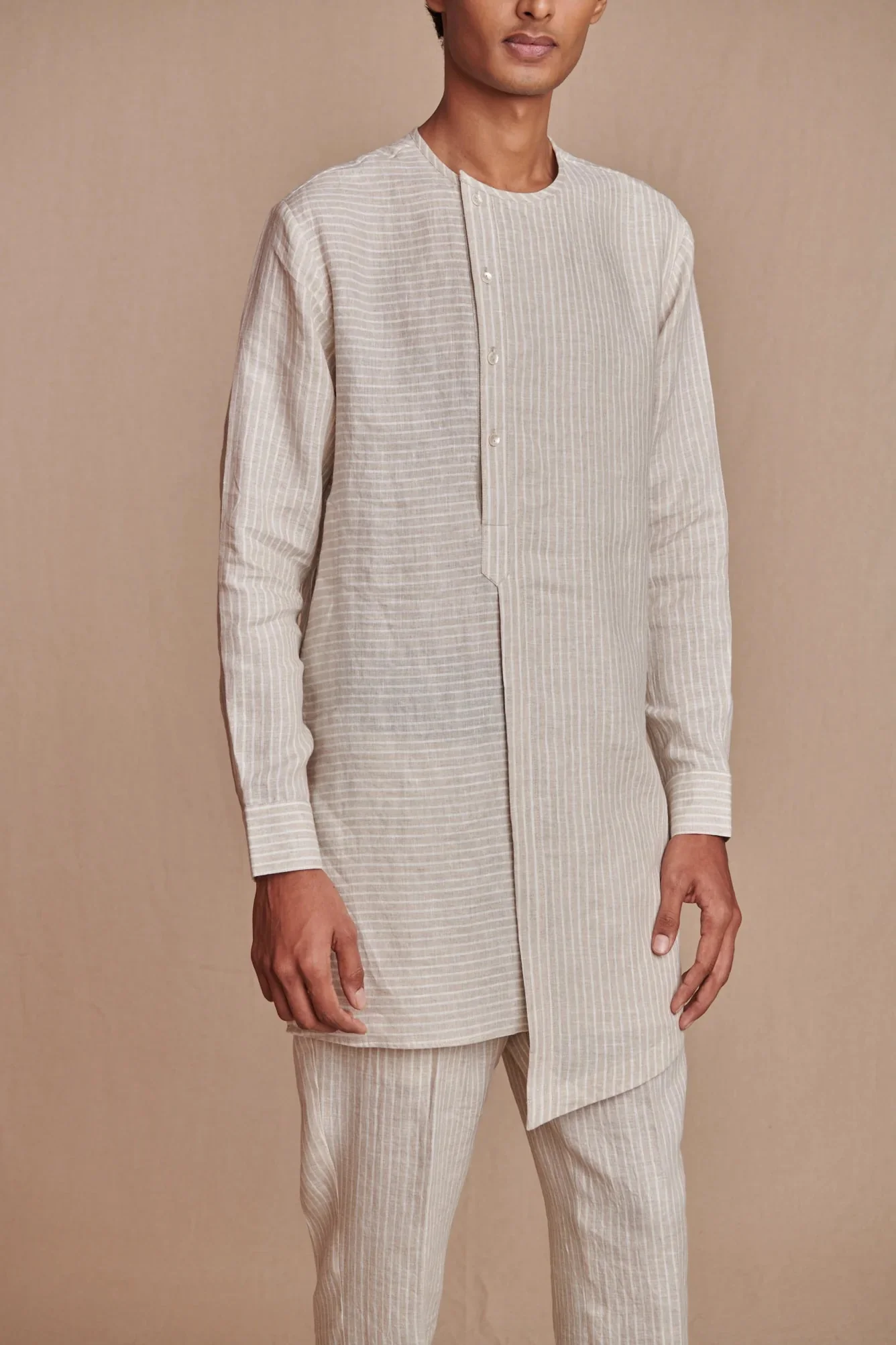 Undyed Pinstripe Linen Side Open Kurta Set - Image 7