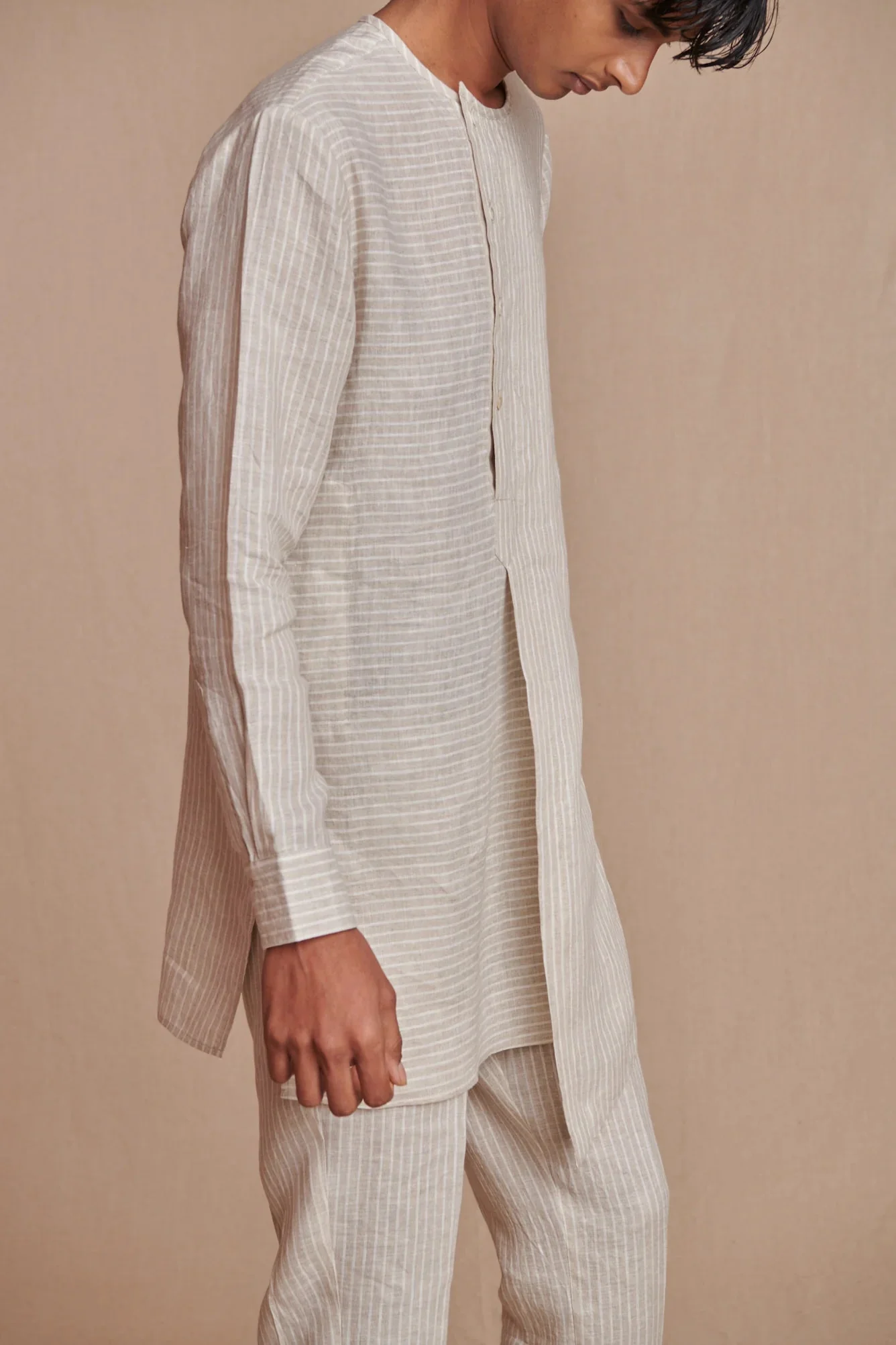 Undyed Pinstripe Linen Side Open Kurta Set - Image 8