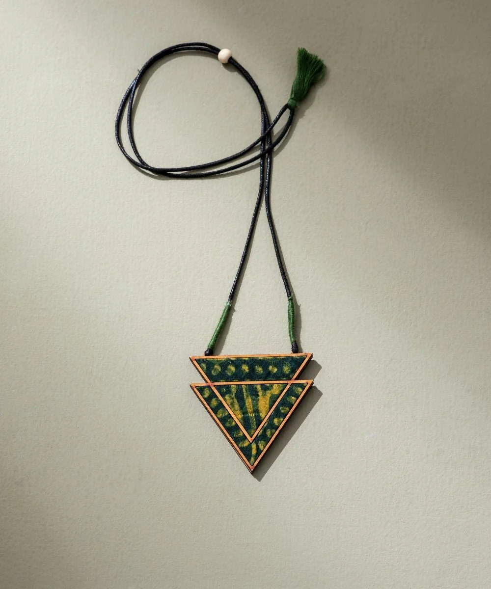 Upcycled Fabric and Repurposed Wood Triangular Necklace - Image 9
