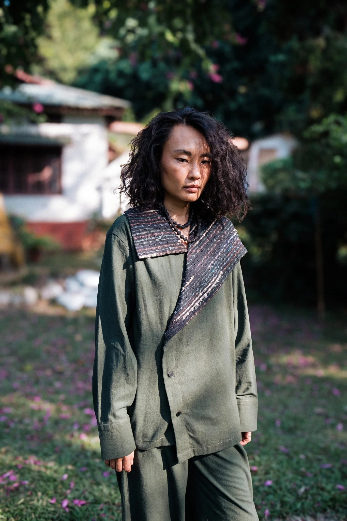 Upcycled Handwoven Arrow Collar Shirt - Green - Image 4