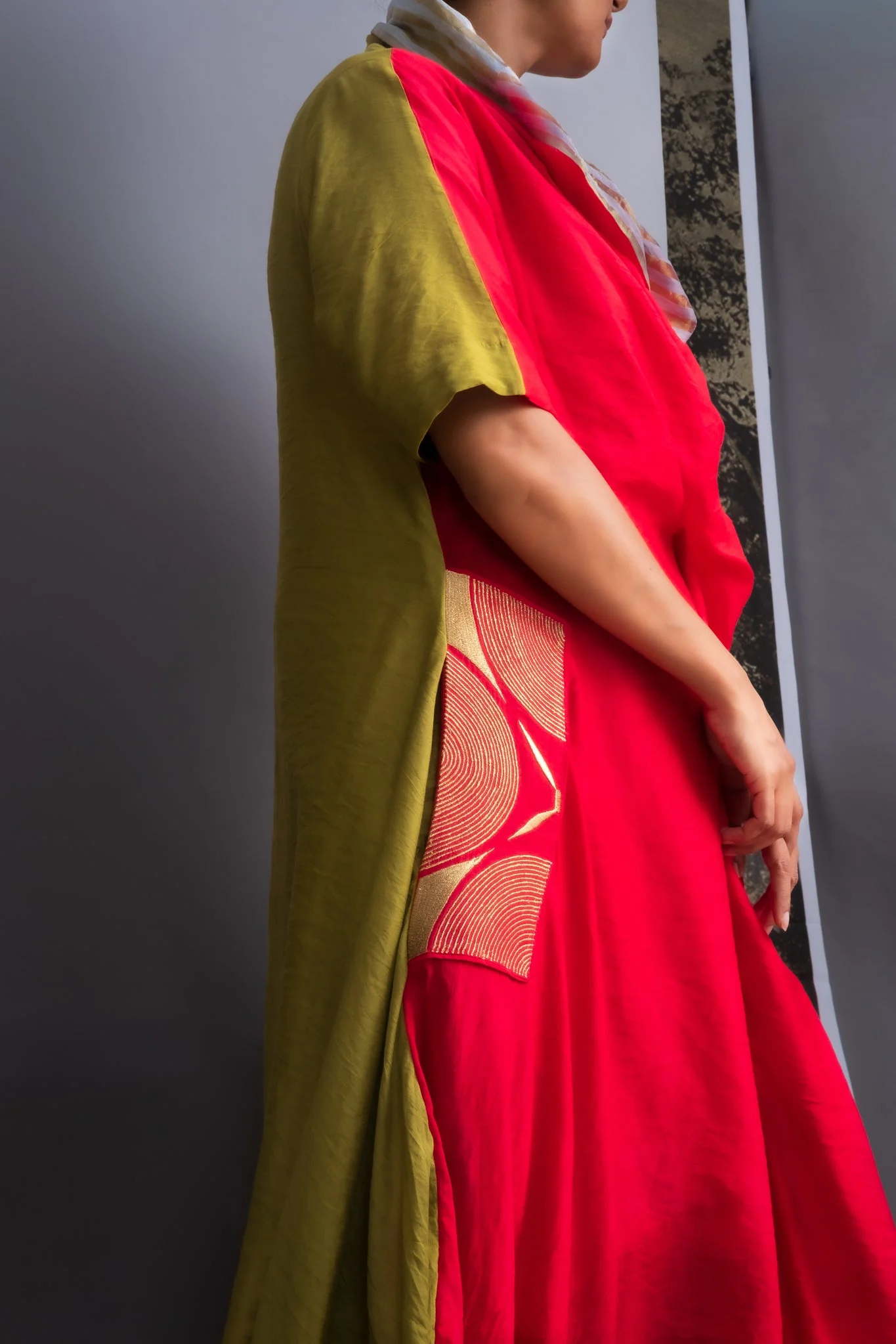 Vermilion & Chartreuse Chanderi Cowl Top - Image 3