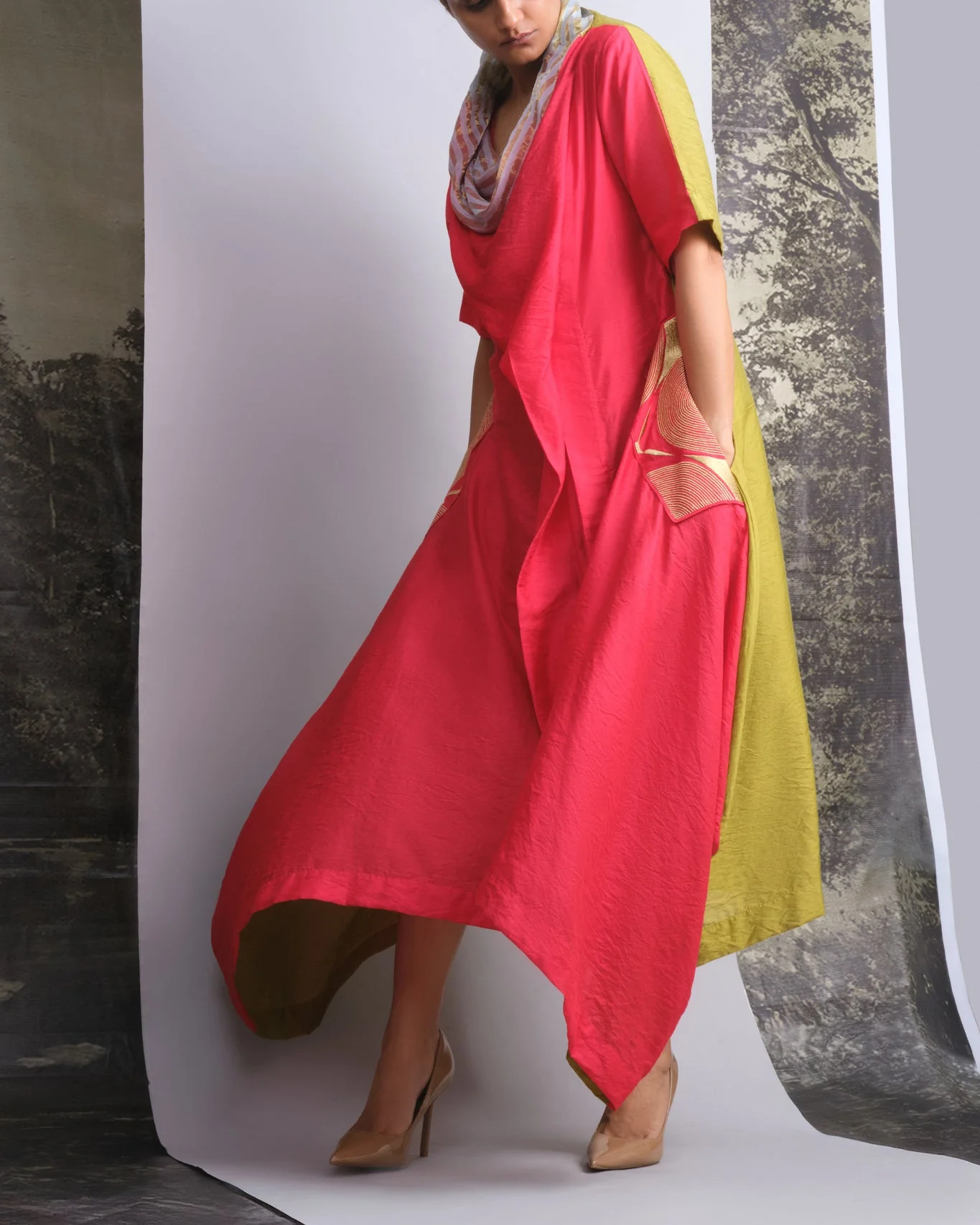 Vermilion & Chartreuse Chanderi Cowl Top - Image 4