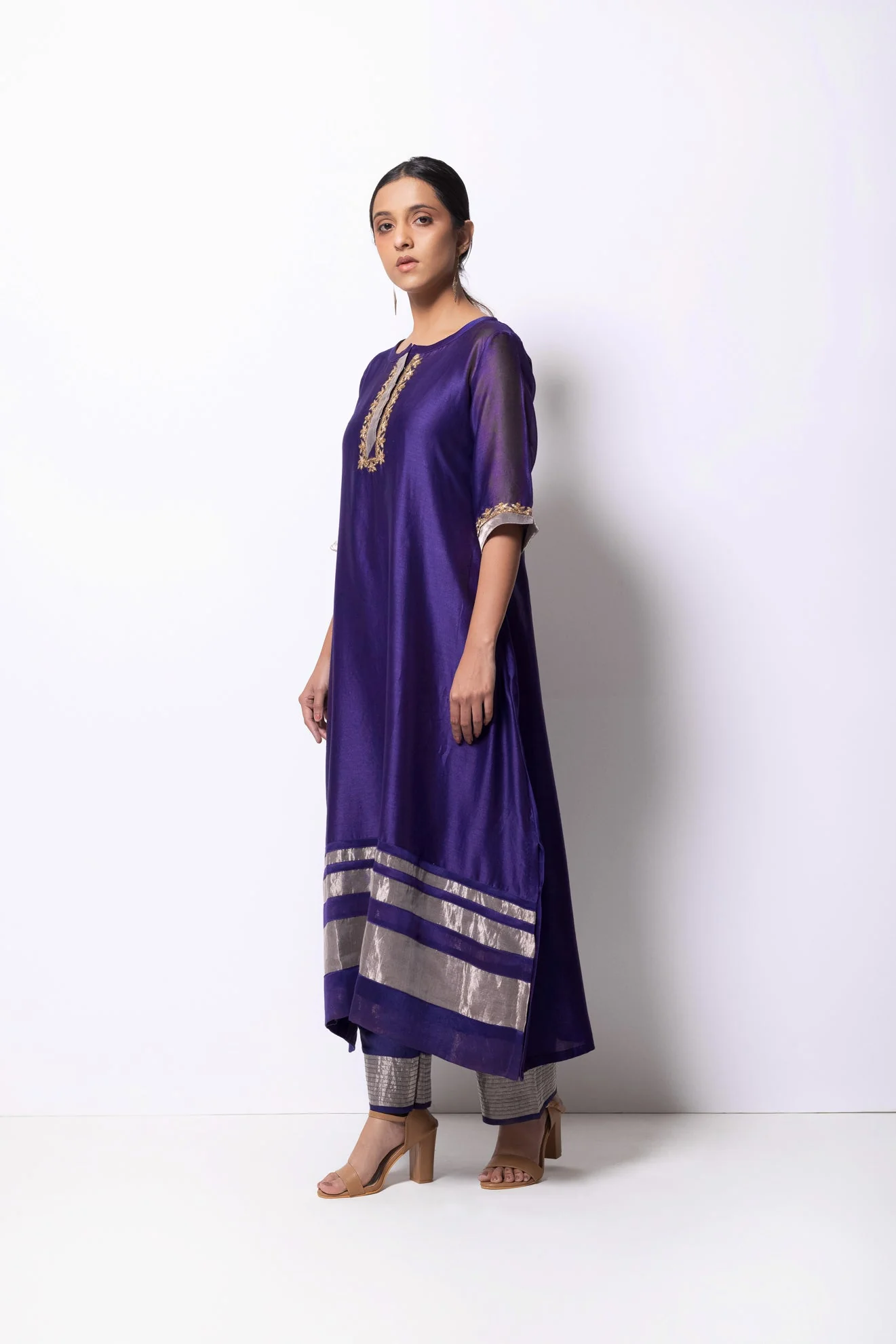Violet Chanderi Silk Kurta Set with Dupatta - Image 3