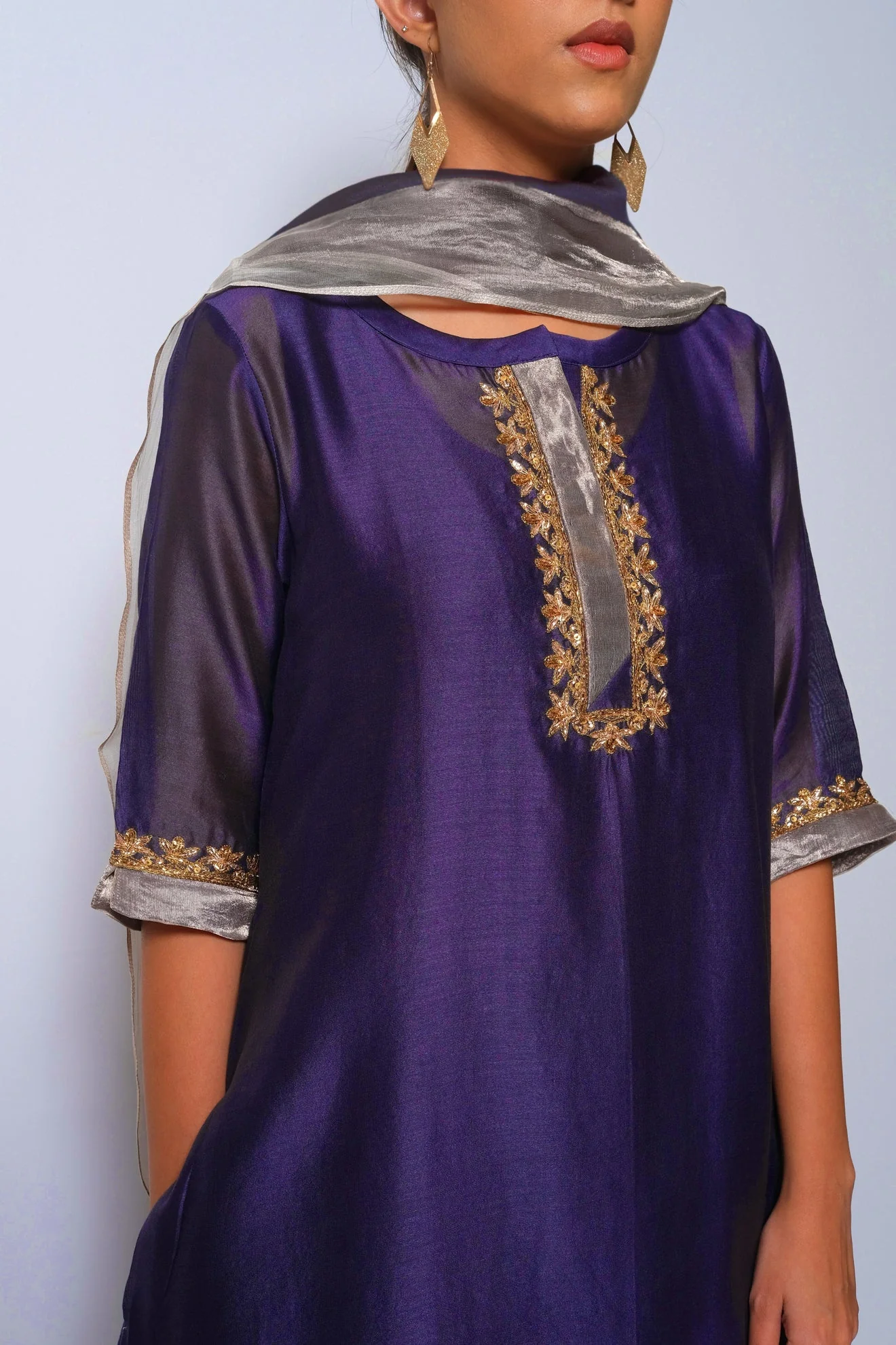 Violet Chanderi Silk Kurta Set with Dupatta - Image 4