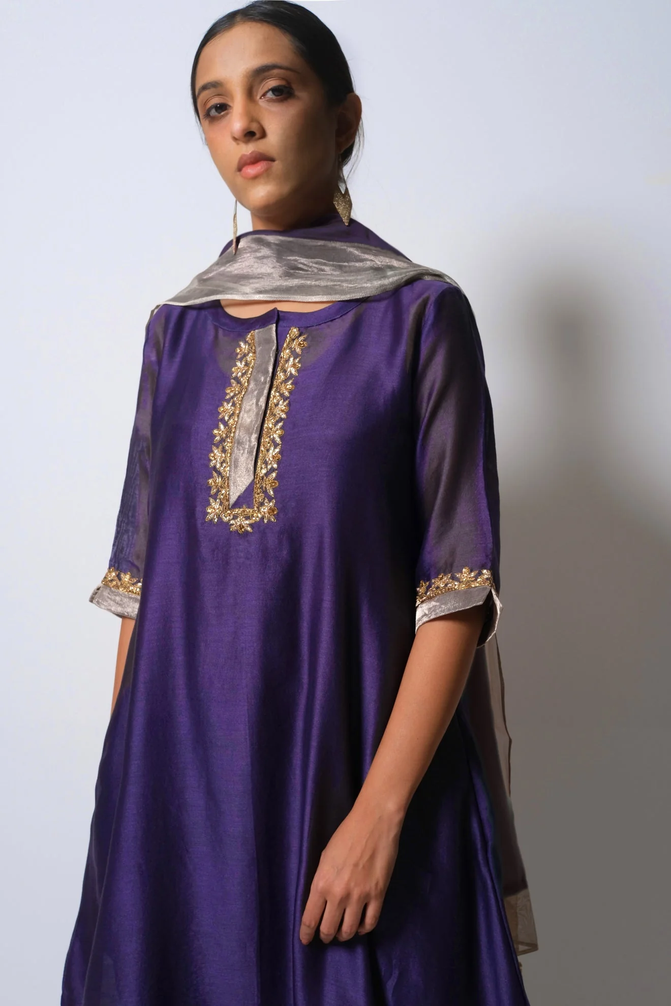 Violet Chanderi Silk Kurta Set with Dupatta - Image 5