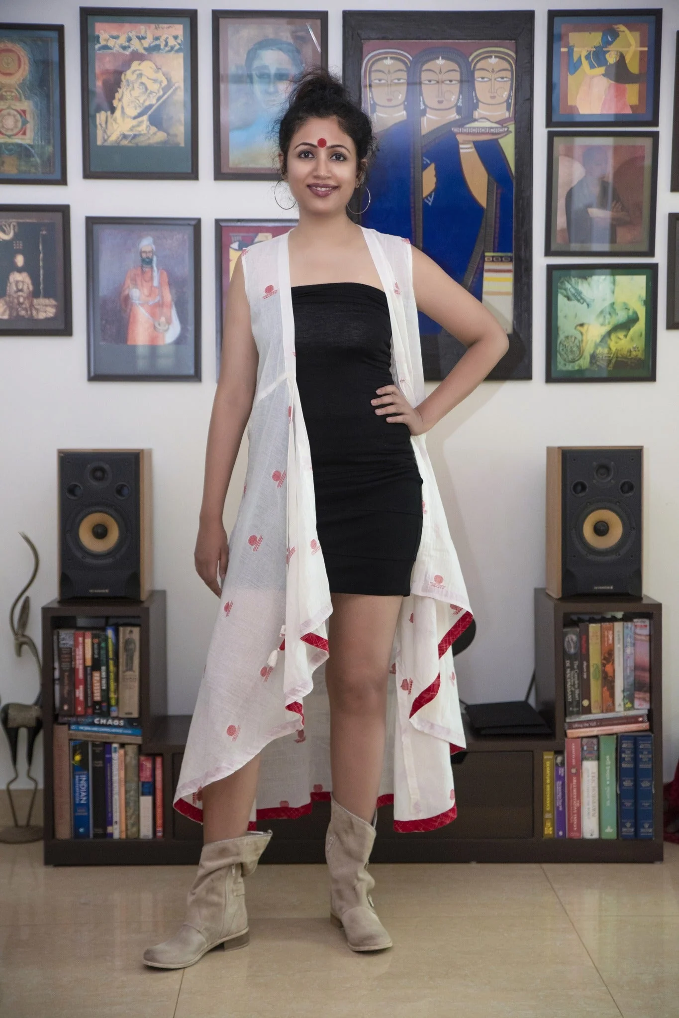 White Sleeveless Asymmetric Jacket in Jamdani