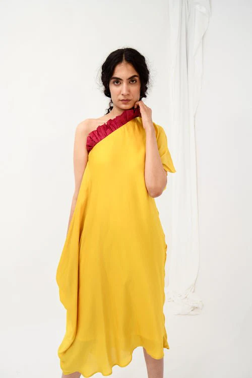 Wine-Yellow One Shoulder Dress - Image 5