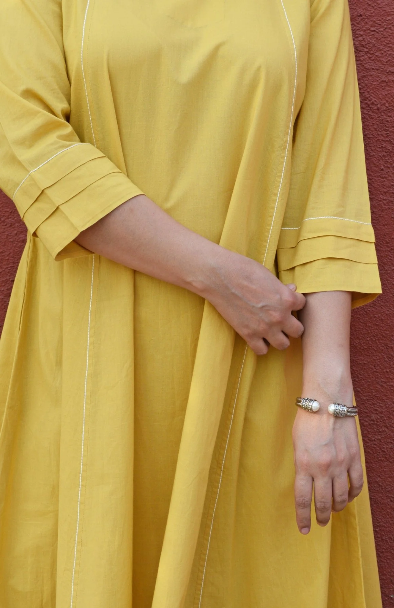 Yellow A line Cotton Kurta with Panels and Yellow Pyjama - Image 3