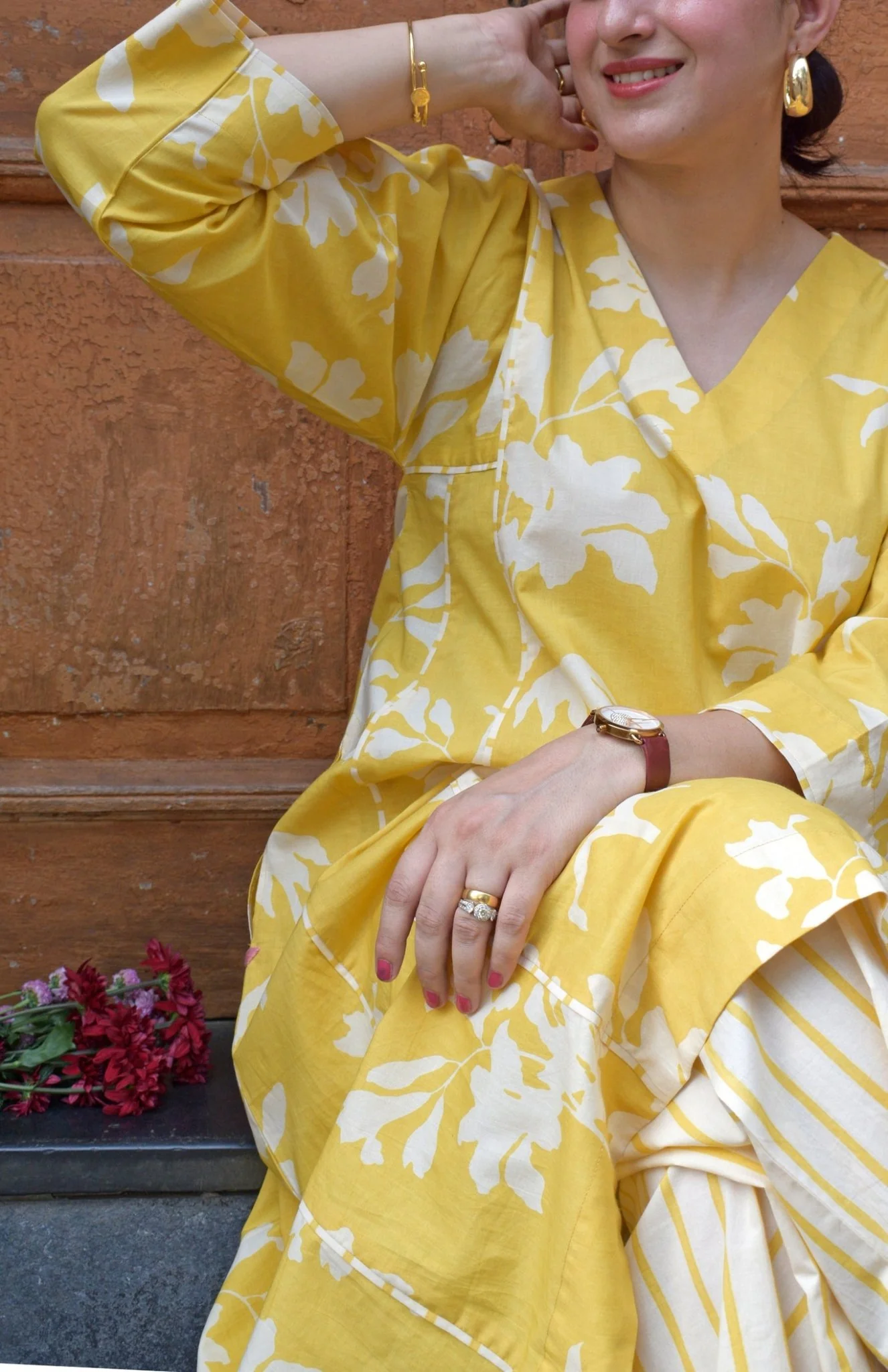 Yellow Floral Paneled Kurta with Striped Pajama - Image 2