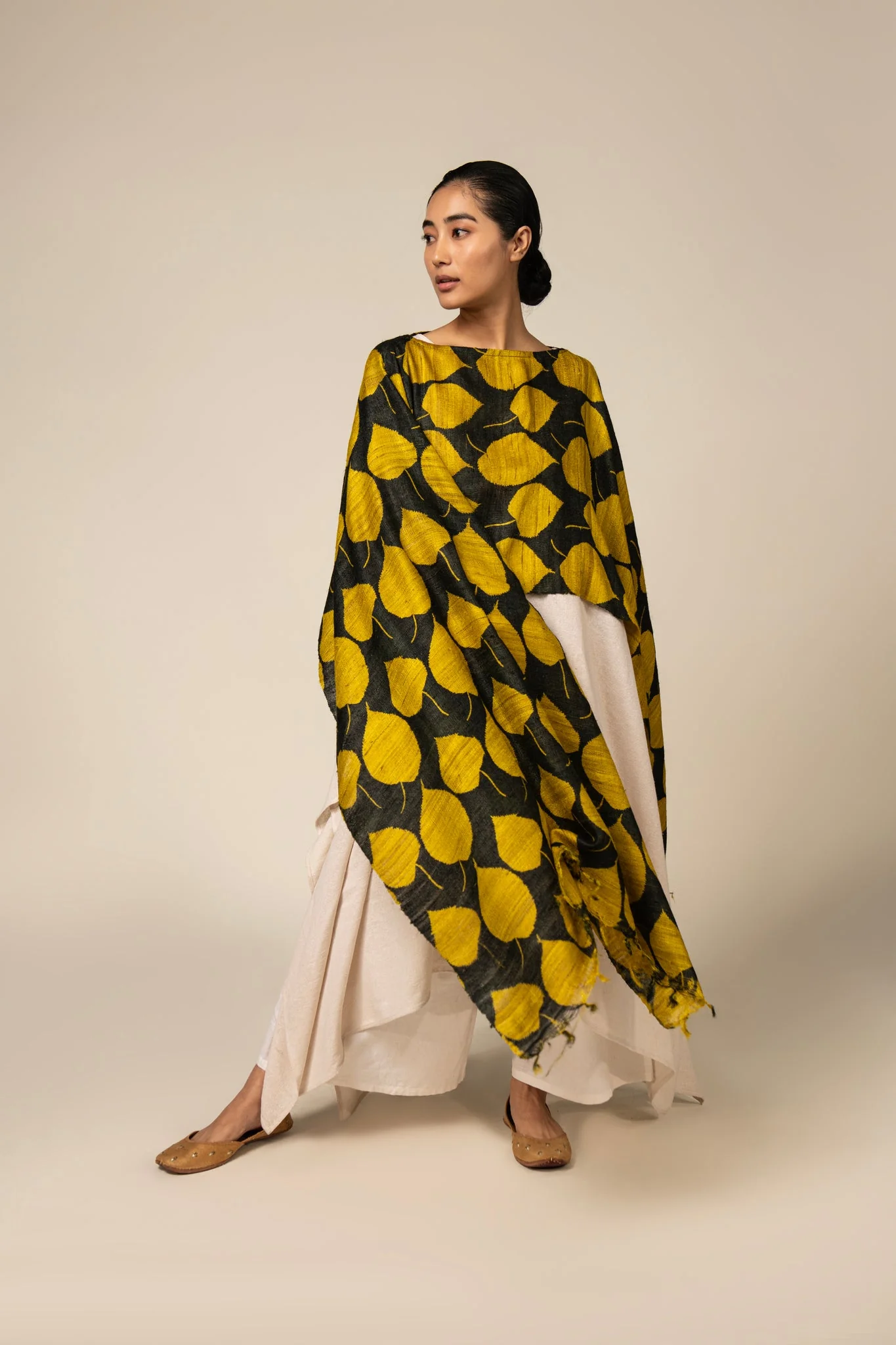 Yellow Leaf Tussar Peace Silk 3 in 1 Cape - Image 3