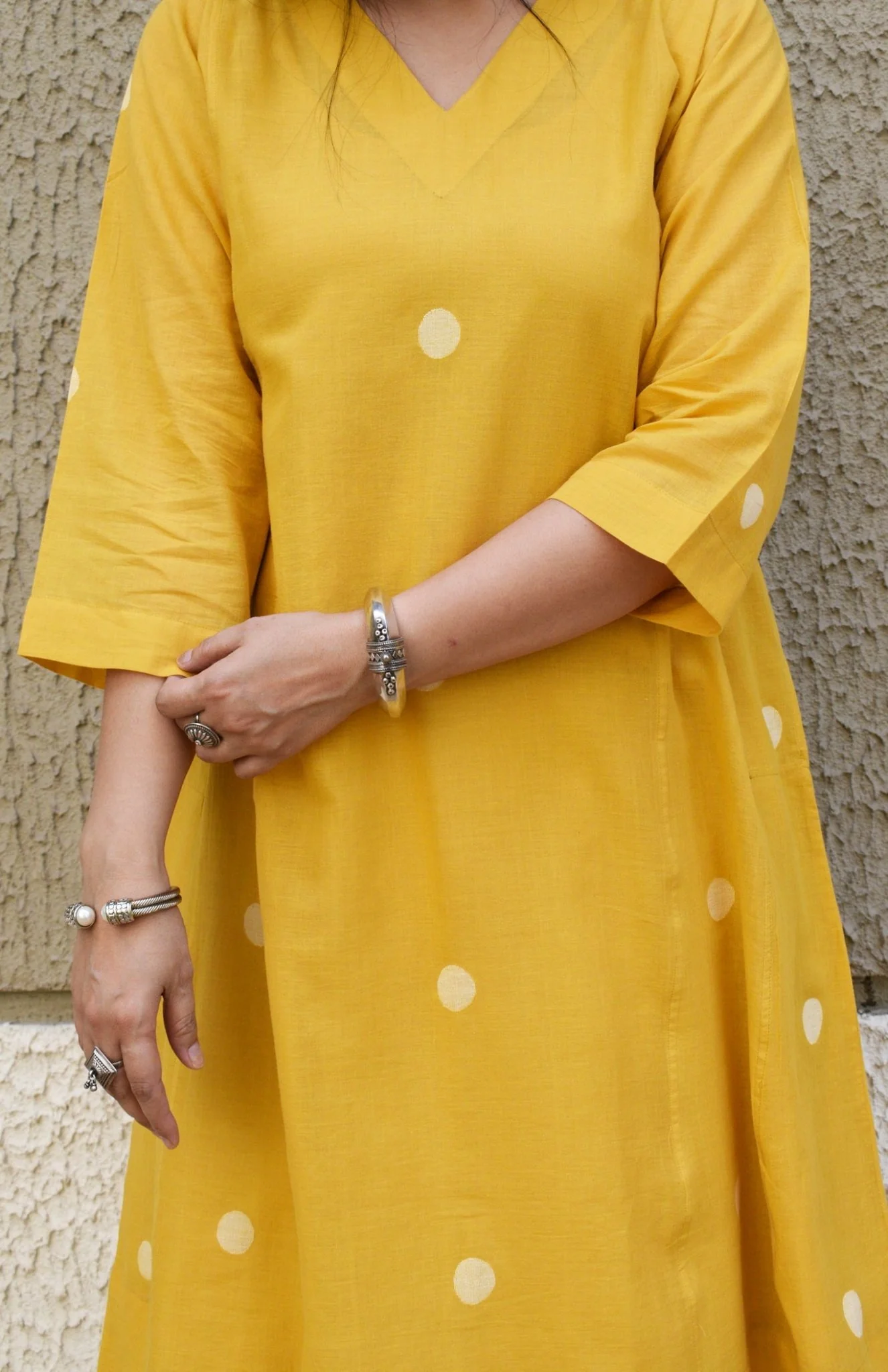 Yellow Polka Dot Jamdani Phiran with White Pyjama - Image 2