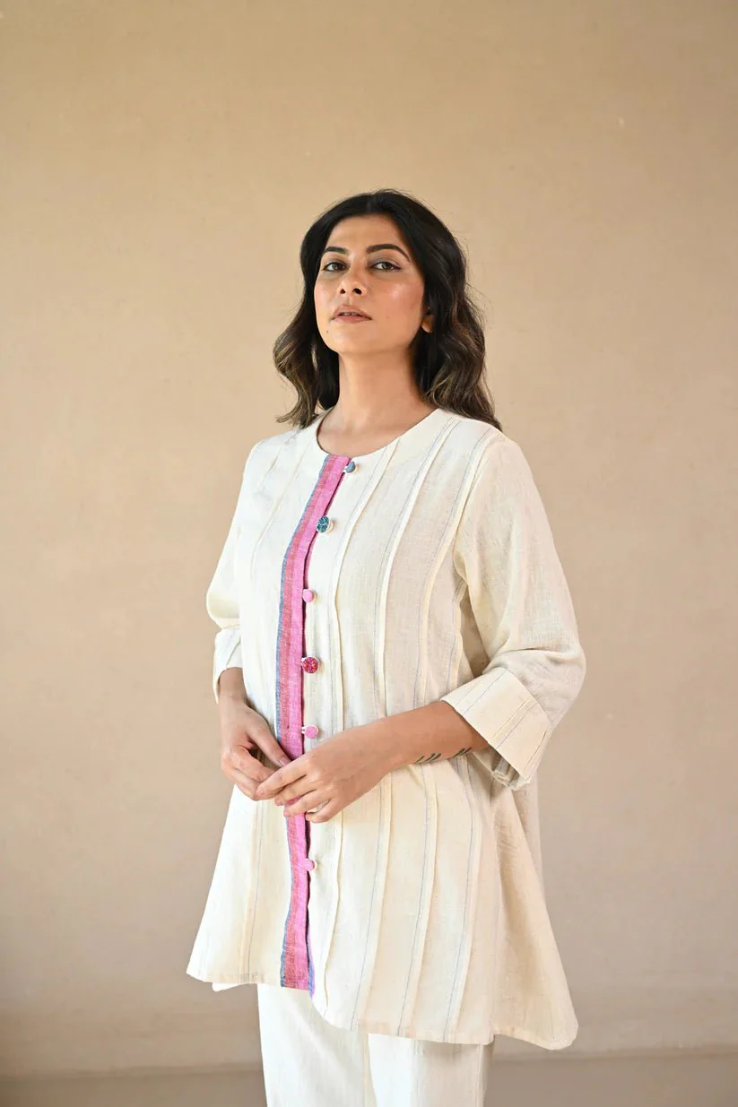 Ziggy Tunic with Embroidered & Multi Color Button- Natural White - Image 2